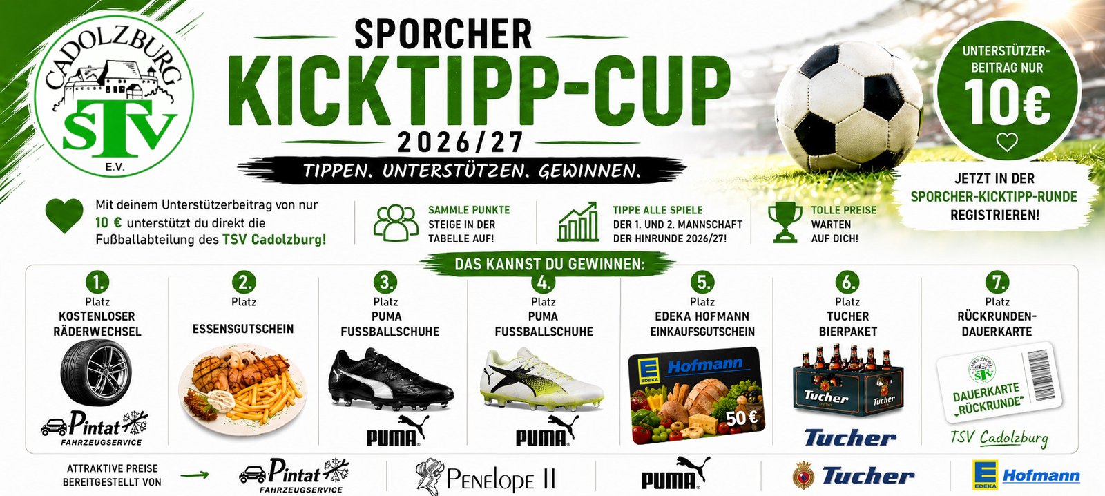 Sporcher Kicktipp-Cup 2026/27 – Unterstützerbeitrag 10 Euro und tolle Preise unserer Partner